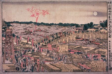 Watching Fireworks on a Cool Summer Evening at Ryogoku Bridge by Hokusai, ukiyo-e